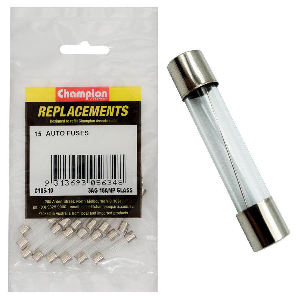 Champion 3Ag 15 Amp Glass Fuse -15pk
