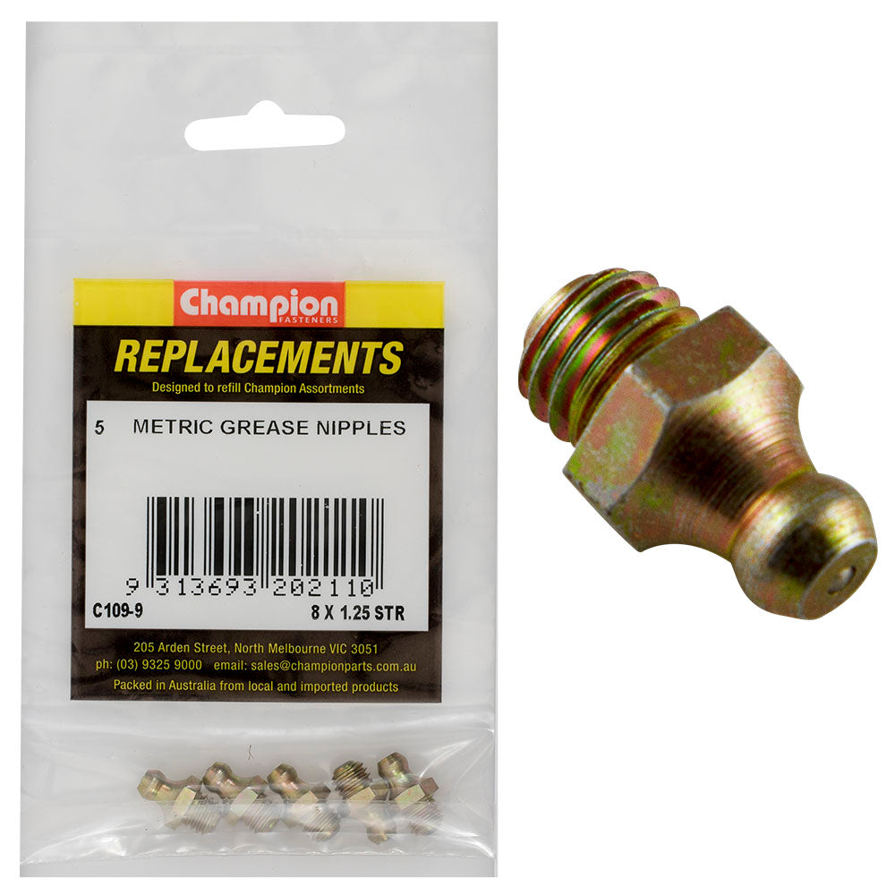 Champion M8 x 1.25mm Straight Grease Nipple -5pk