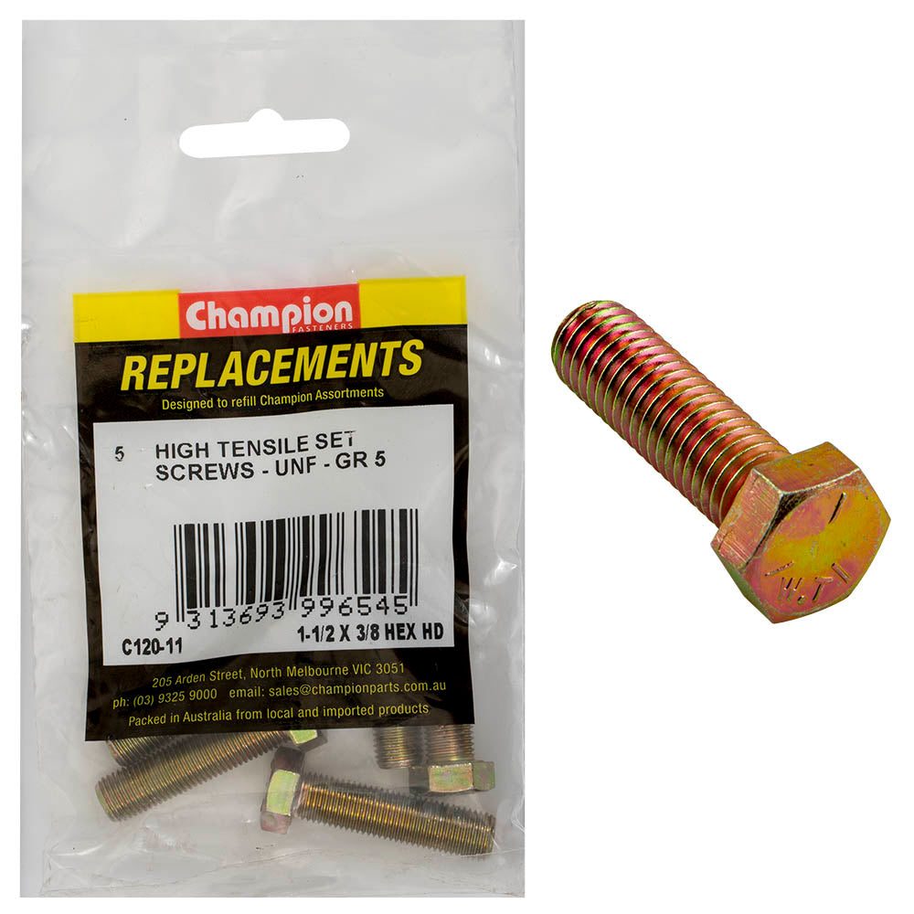 Champion 3/8in x 1-1/2in UNF Set Screw -Gr5 -5pk