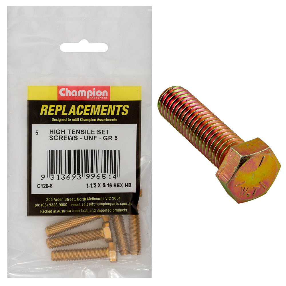 Champion 5/16in x 1-1/2in UNF Set Screw -Gr5 -5pk