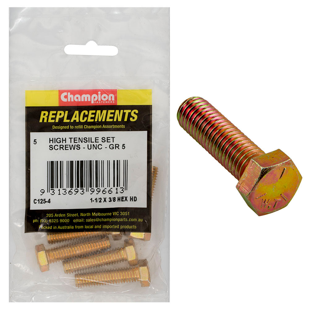 Champion 3/8in x 1-1/2in UNC Set Screw -Gr5 -5pk