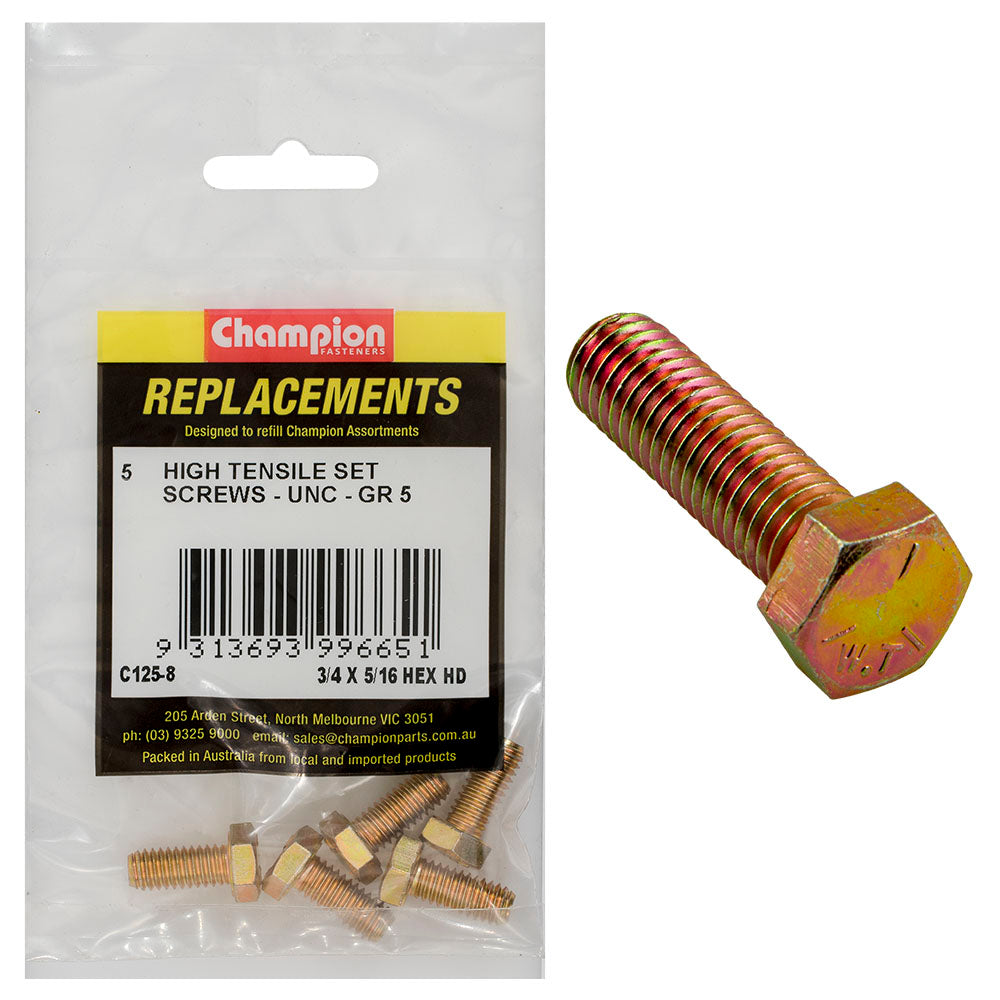 Champion 5/16in x 3/4in UNC Set Screw -Gr5 -5pk