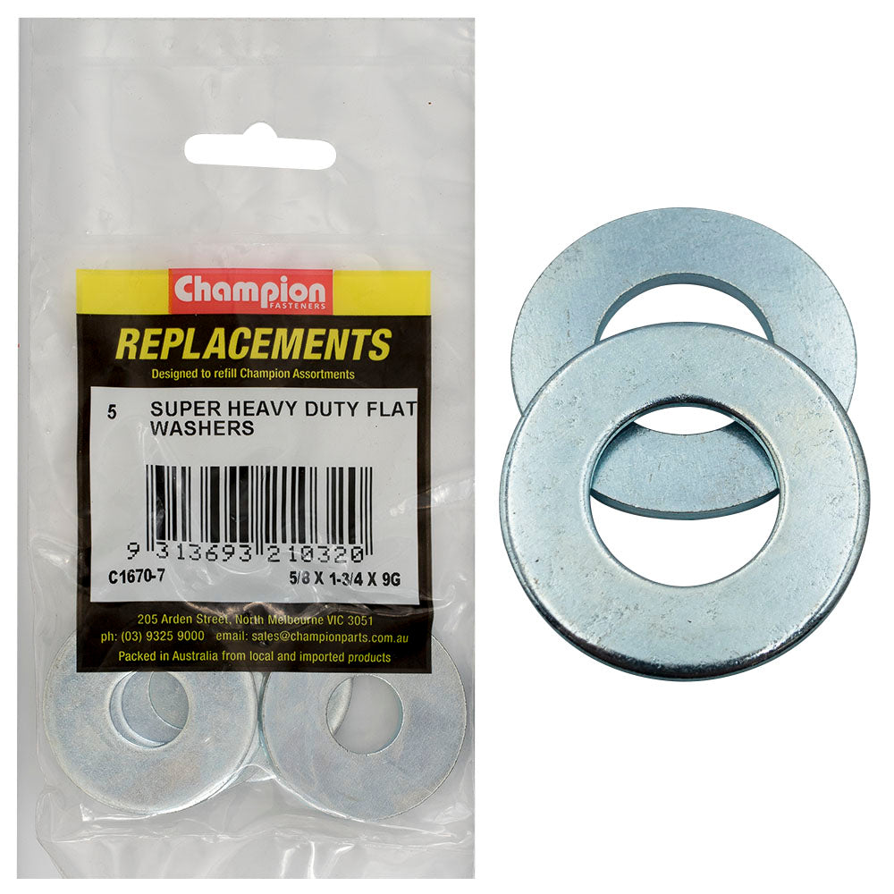 Champion 5/8in x 1-3/4in x 9G H/Duty Flat Steel Washer - 5pk