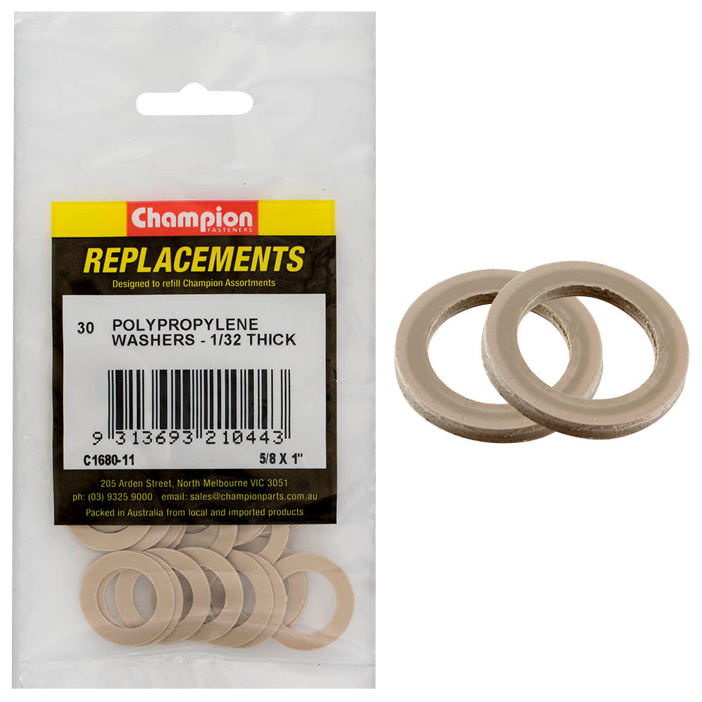 Champion 5/8in x 1in x 1/32in Polypropylene Washer -30pk