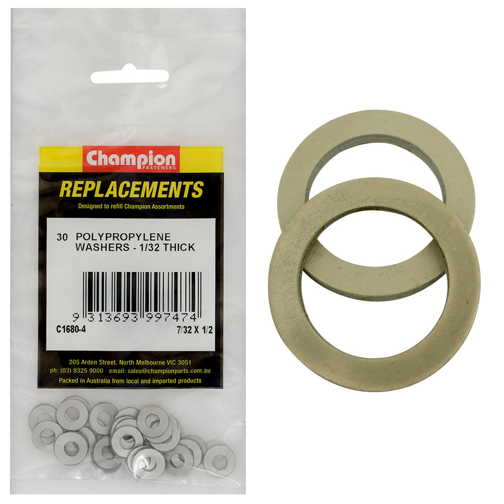 Champion 7/32in x 1/2in x 1/32in Polypropylene Washer -30pk