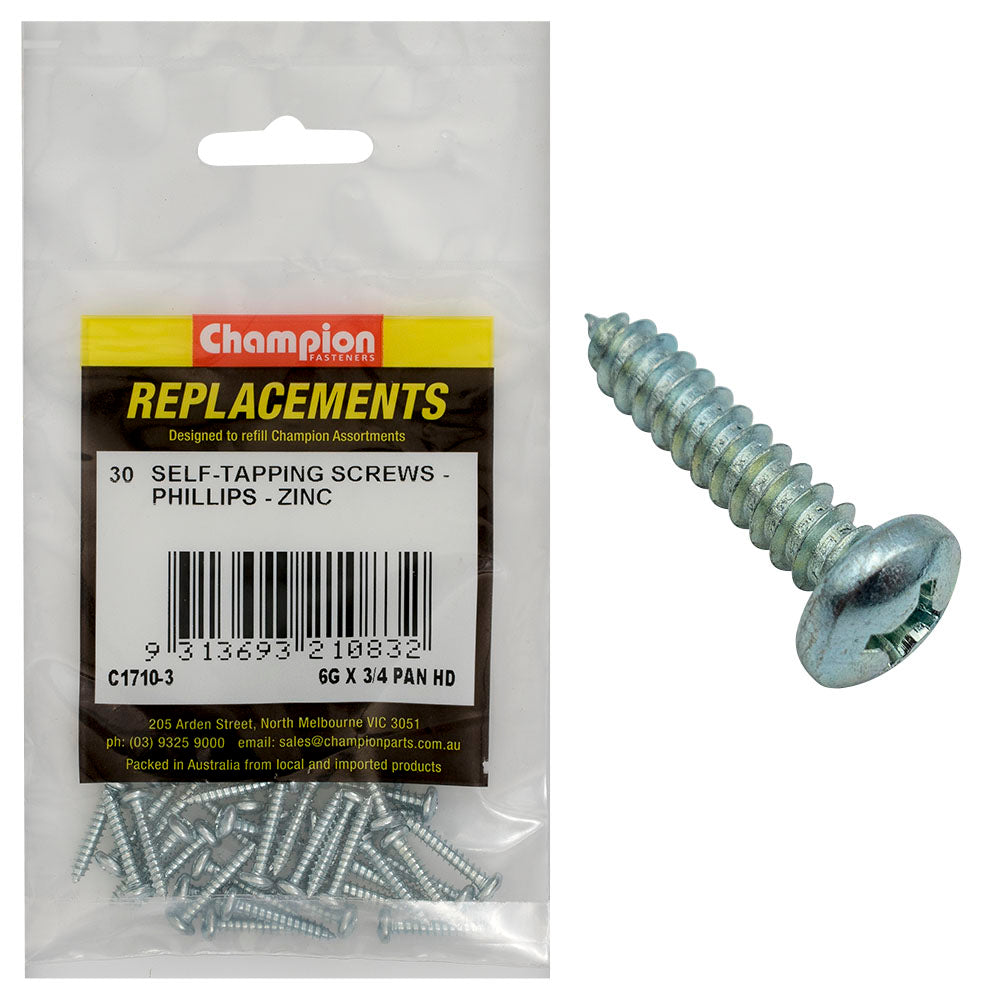 Champion 6G x 1in S/Tapping Screw Pan Head Phillips(Zn)-30pk