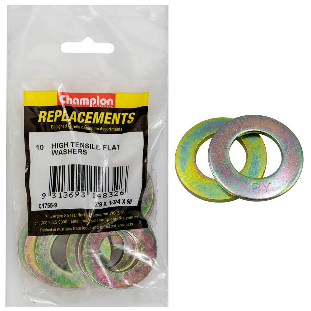 Champion 7/8in x 1-3/4in x 9G Ht Flat Steel Washer -10pk