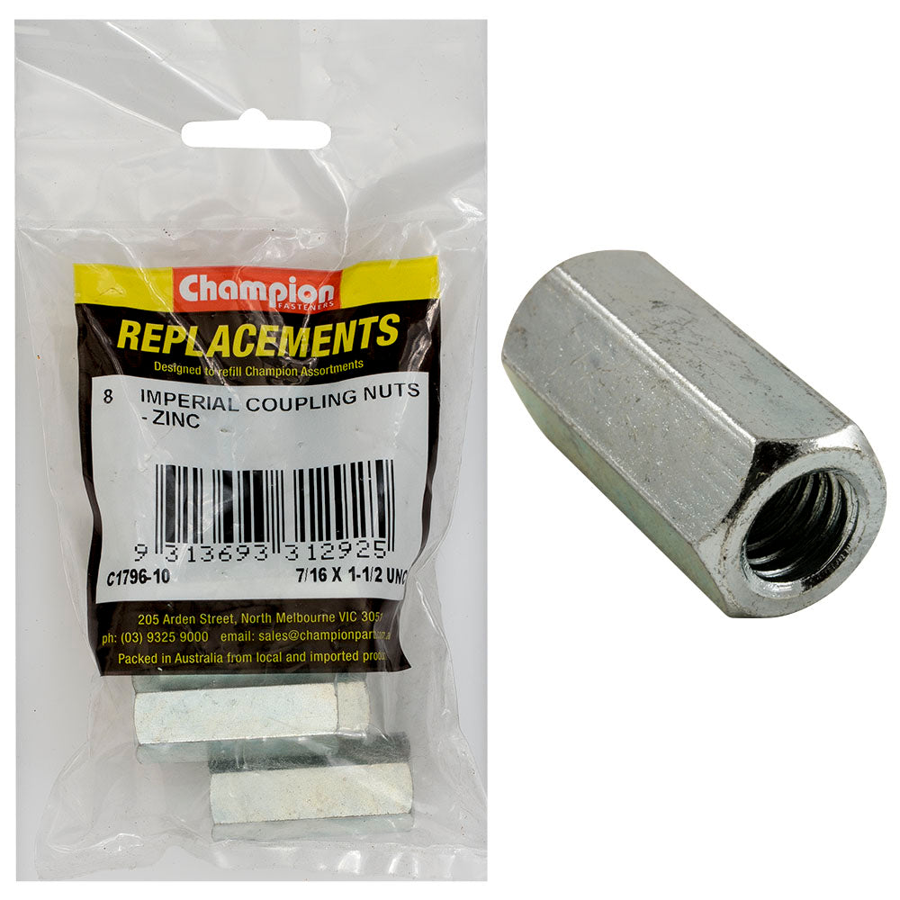 Champion 7/16in x 1-1/2in UNC Hex Coupler Nut -8pk