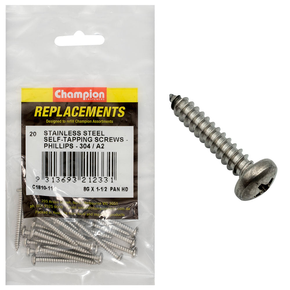 Champion 8G x 1-1/2in S/Tapping Screw Pan Hd PH 304/A2 -20pk