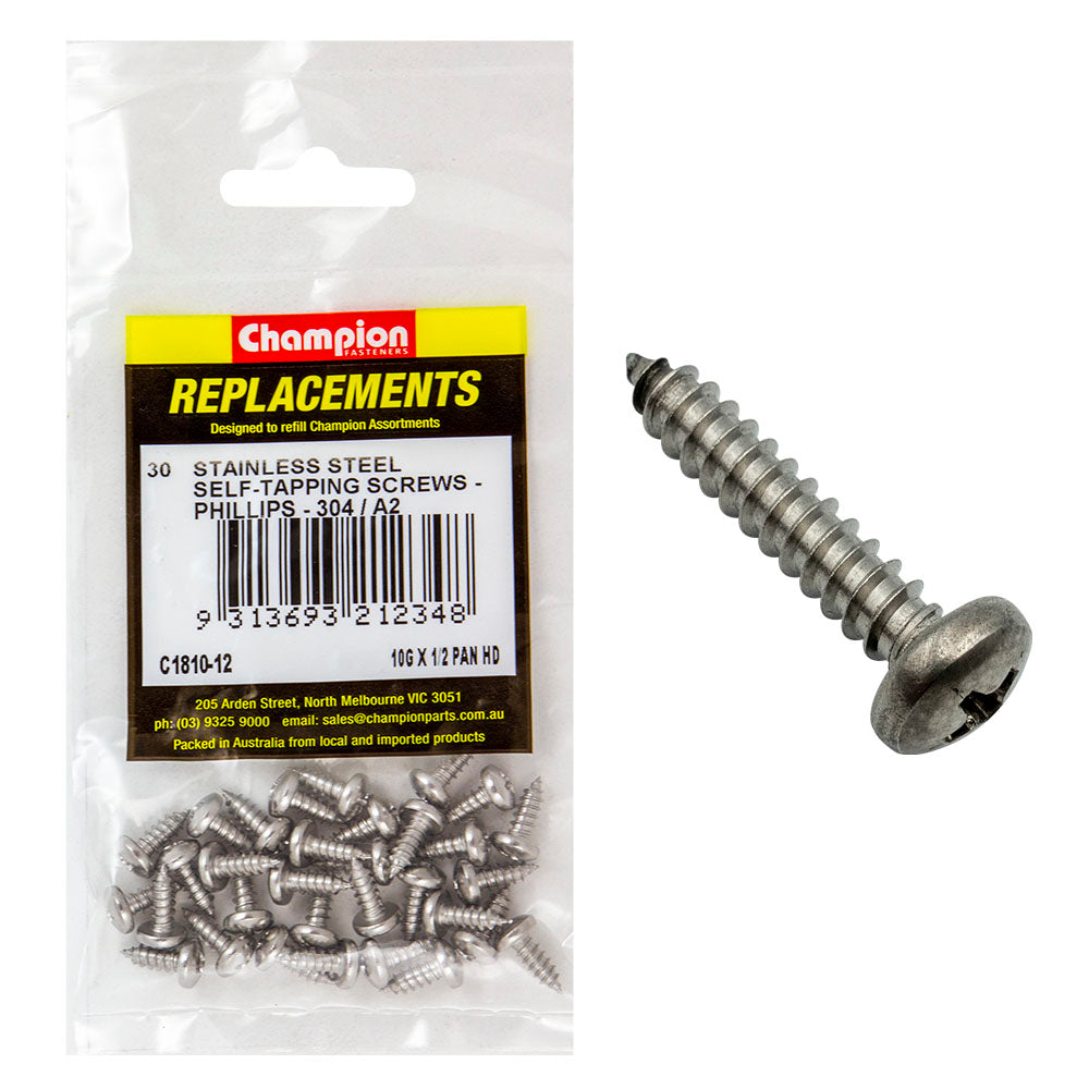Champion 10G x 1/2in S/Tapping Screw Pan Hd Phillips 304/A2