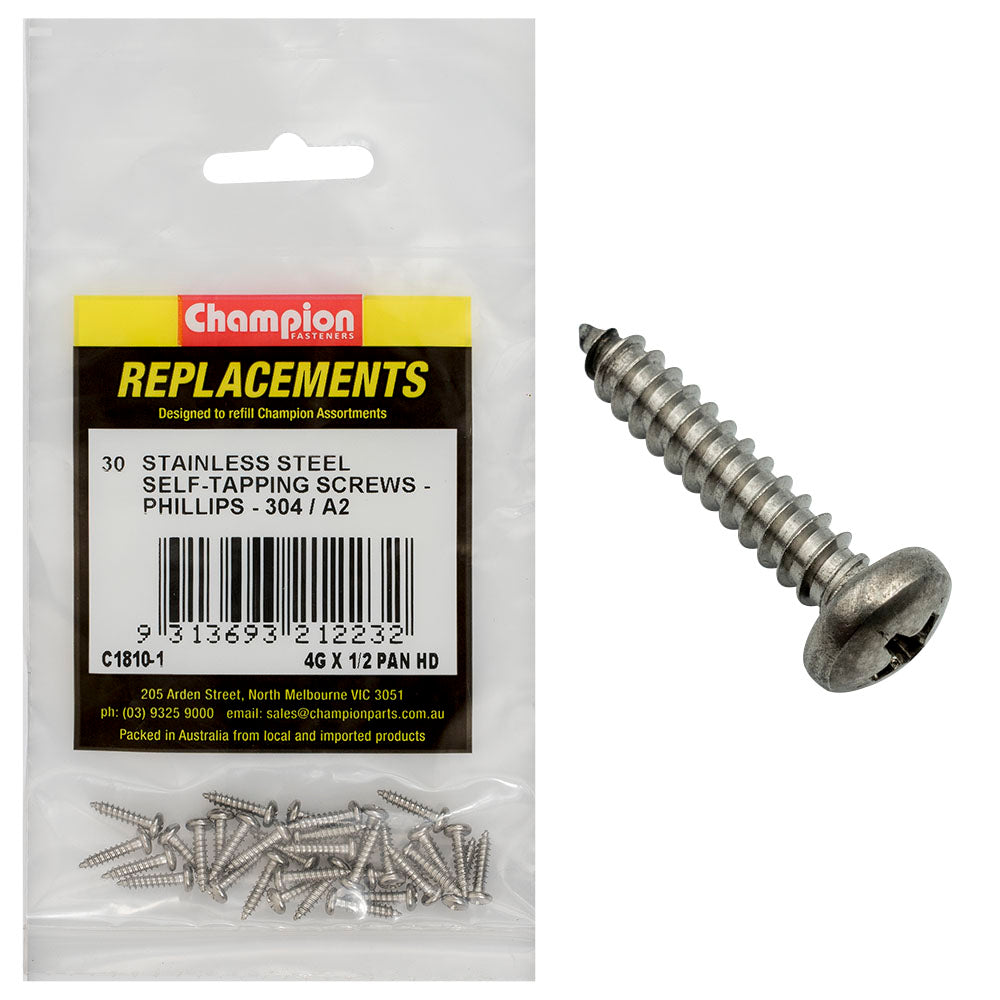 Champion 4G x 1/2 S/Tappg Screw Pan Hd Phillips 304/A2 -30pk