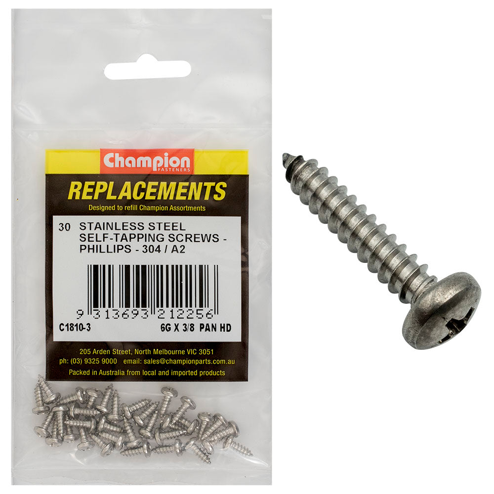 Champion 6G x 3/8 S/Tappg Screw Pan Hd Phillips 304/A2 -30pk