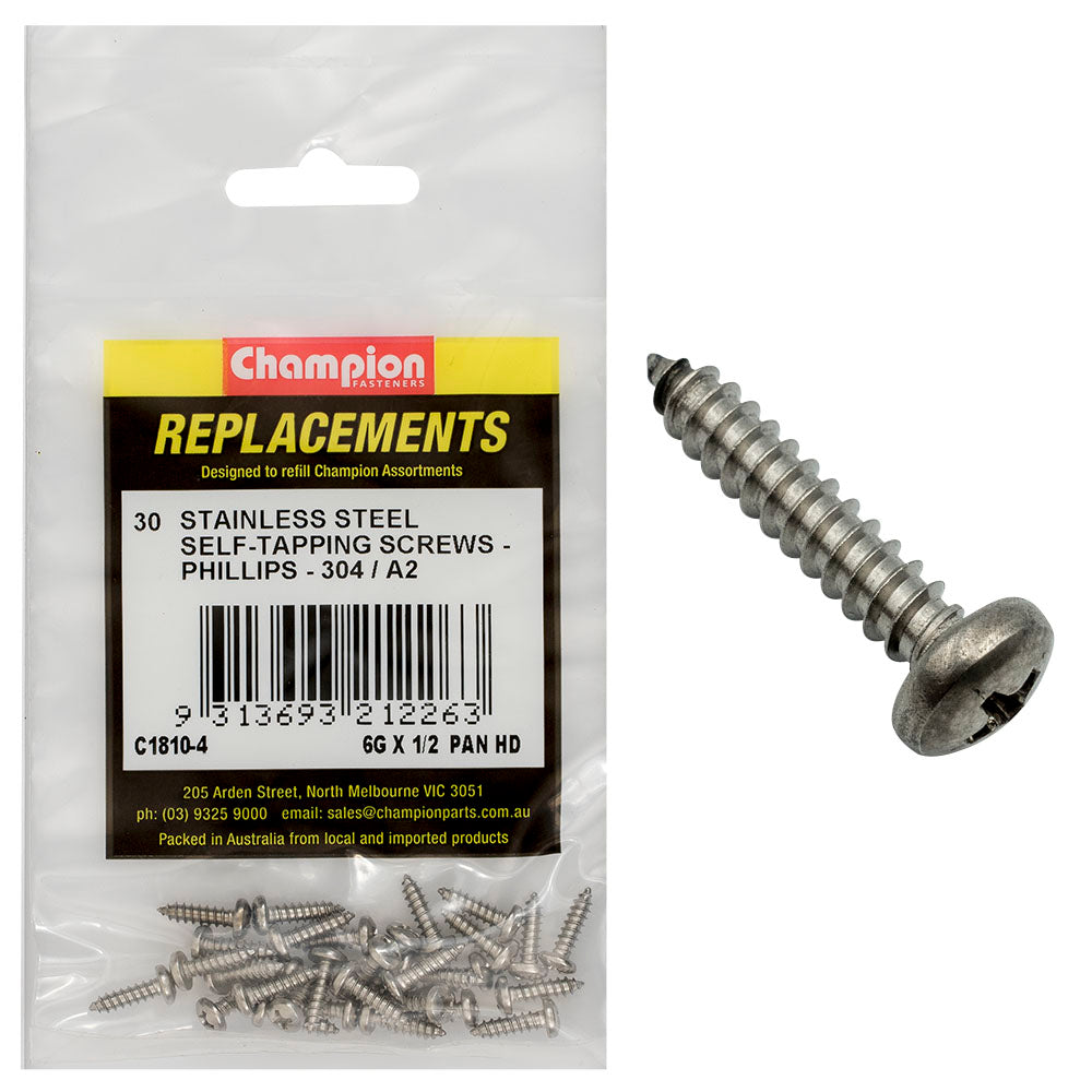 Champion 6G x 1/2 S/Tappg Screw Pan Hd Phillips 304/A2 -30pk