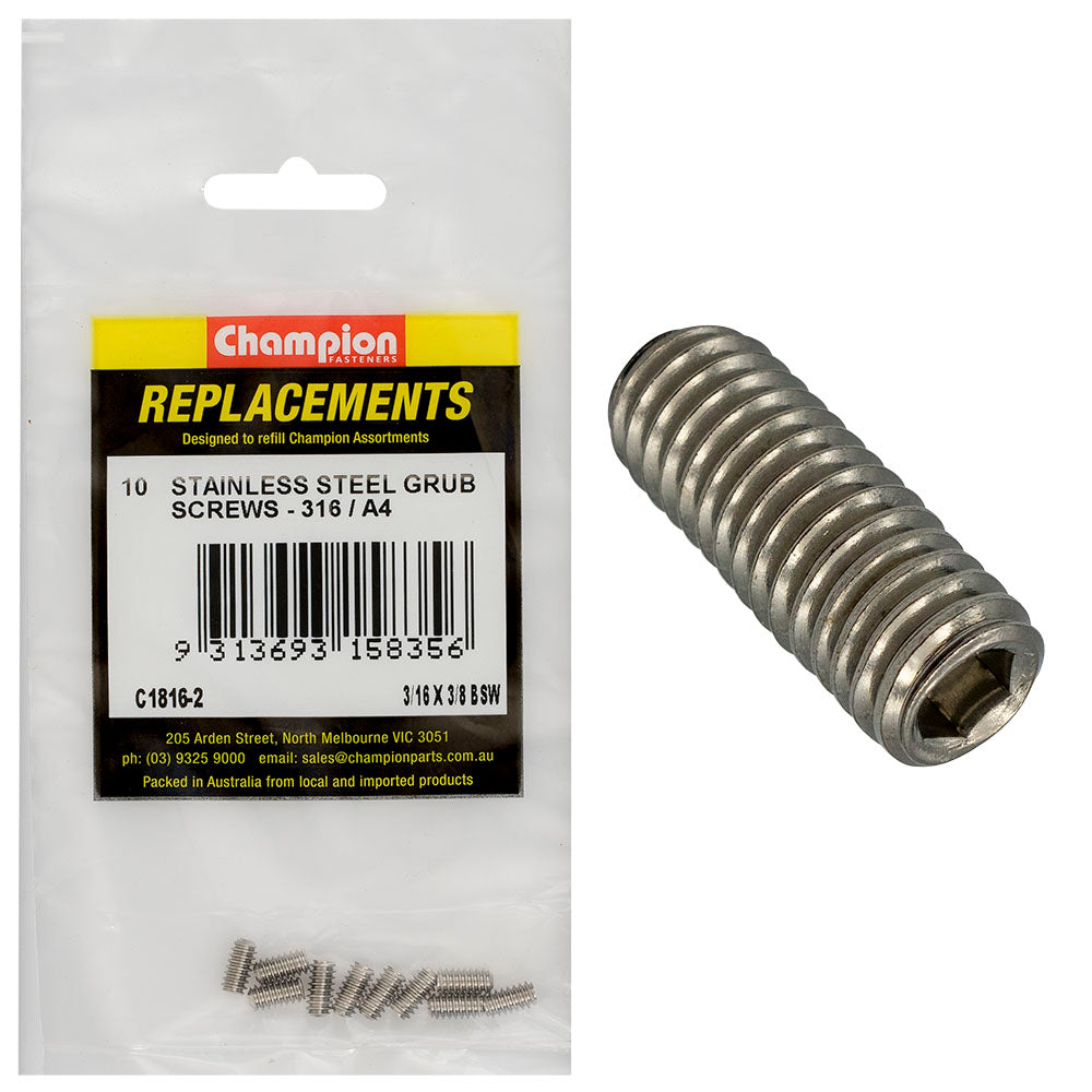 Champion 3/16in x 3/8in BSW Grub Screw 316/A4 -10pk