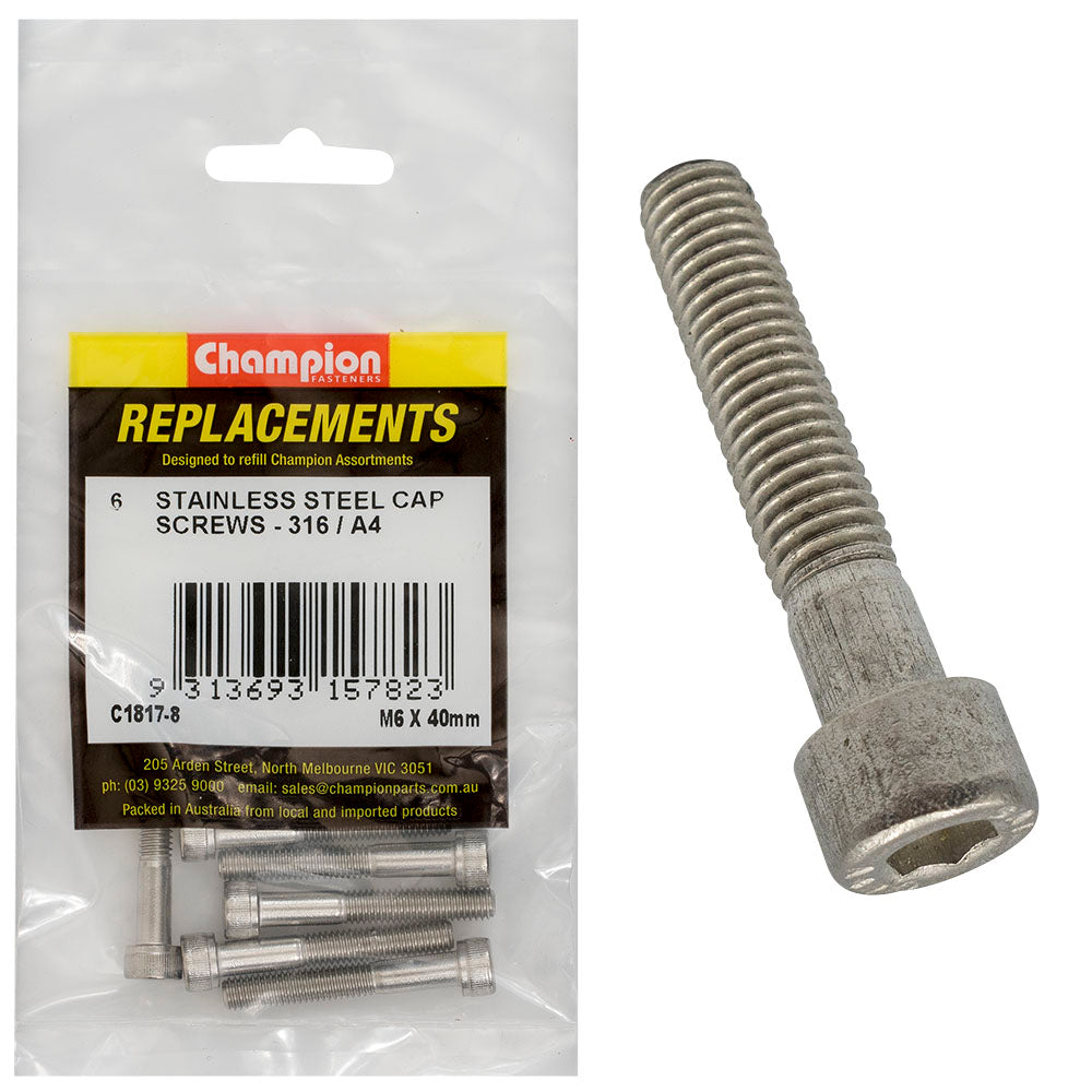 Champion M6 x 40mm Socket Cap Screw 316/A4 -6pk