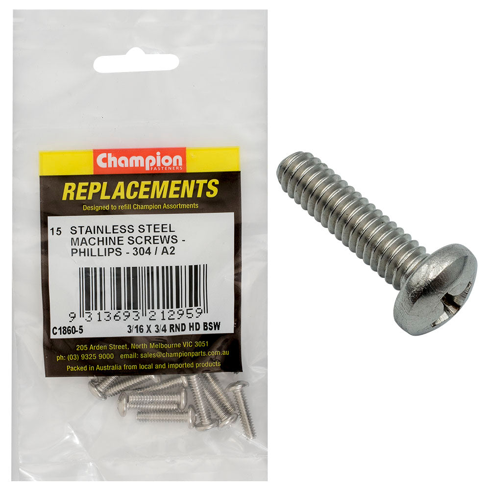 Champion 3/16in x 3/4in BSW Machine Screw Pan Ph 304/A2-15pk