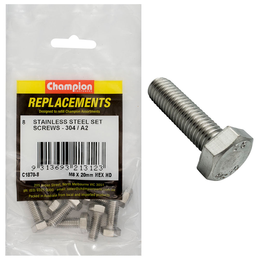 Champion M8 x 20mm Stainless Set Screw 304/A2 -8pk
