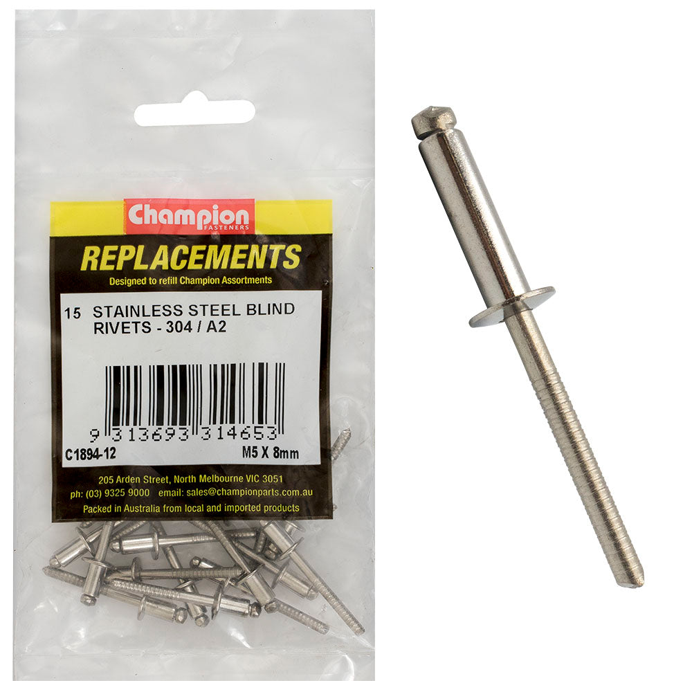 Champion 5.0mm x 8mm Blind Rivet -304/A2 -15pk