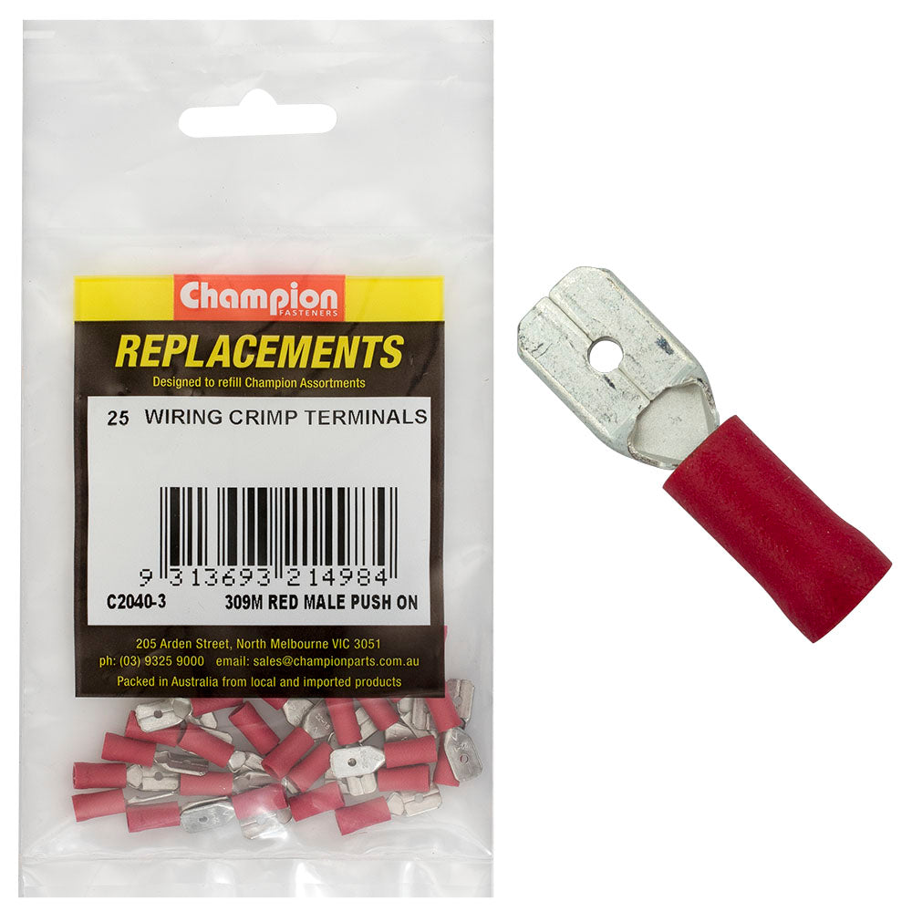 Champion Red Male Push-On Spade Terminal -25pk