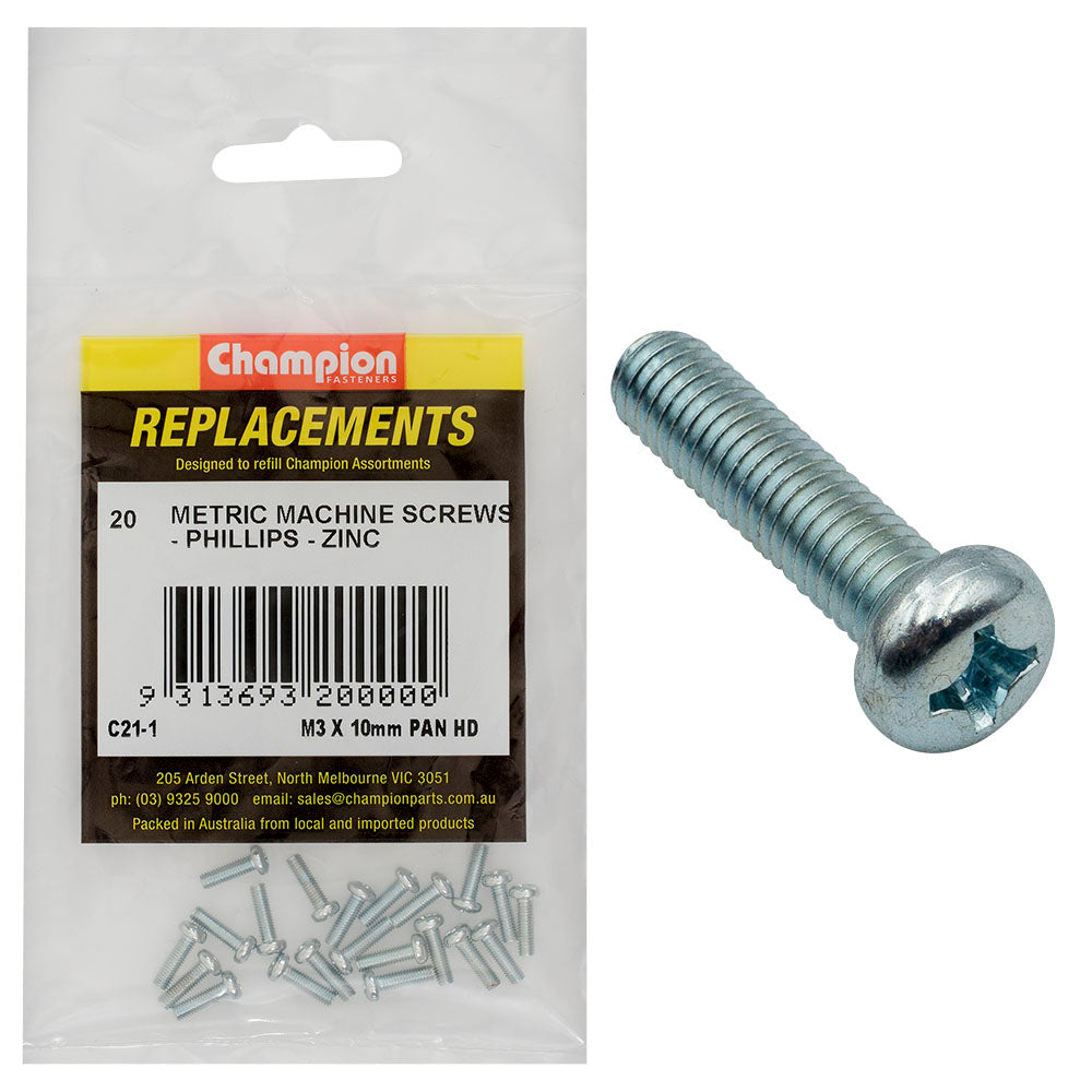 Champion M3 x 10mm Machine Screw P/H Phillips -20pk