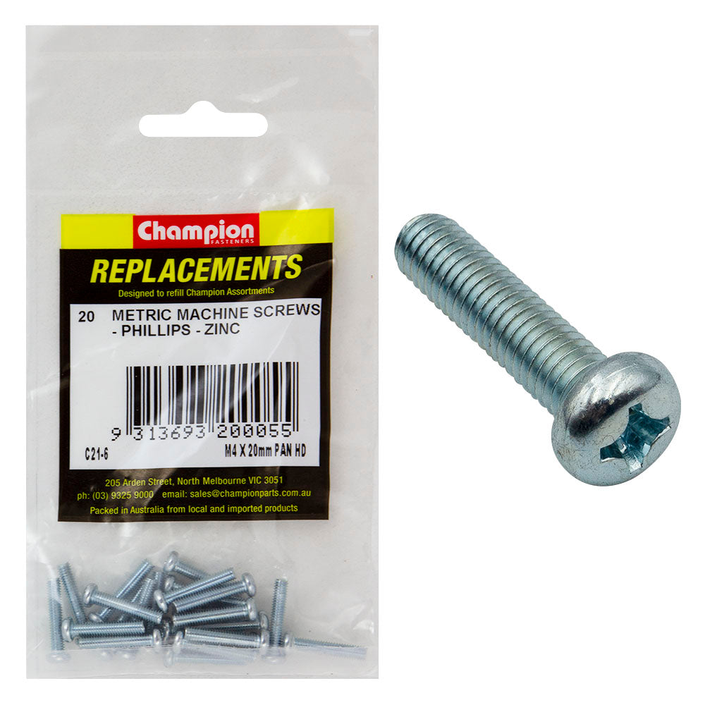 Champion M4 x 20mm Machine Screw P/H Phillips -20pk