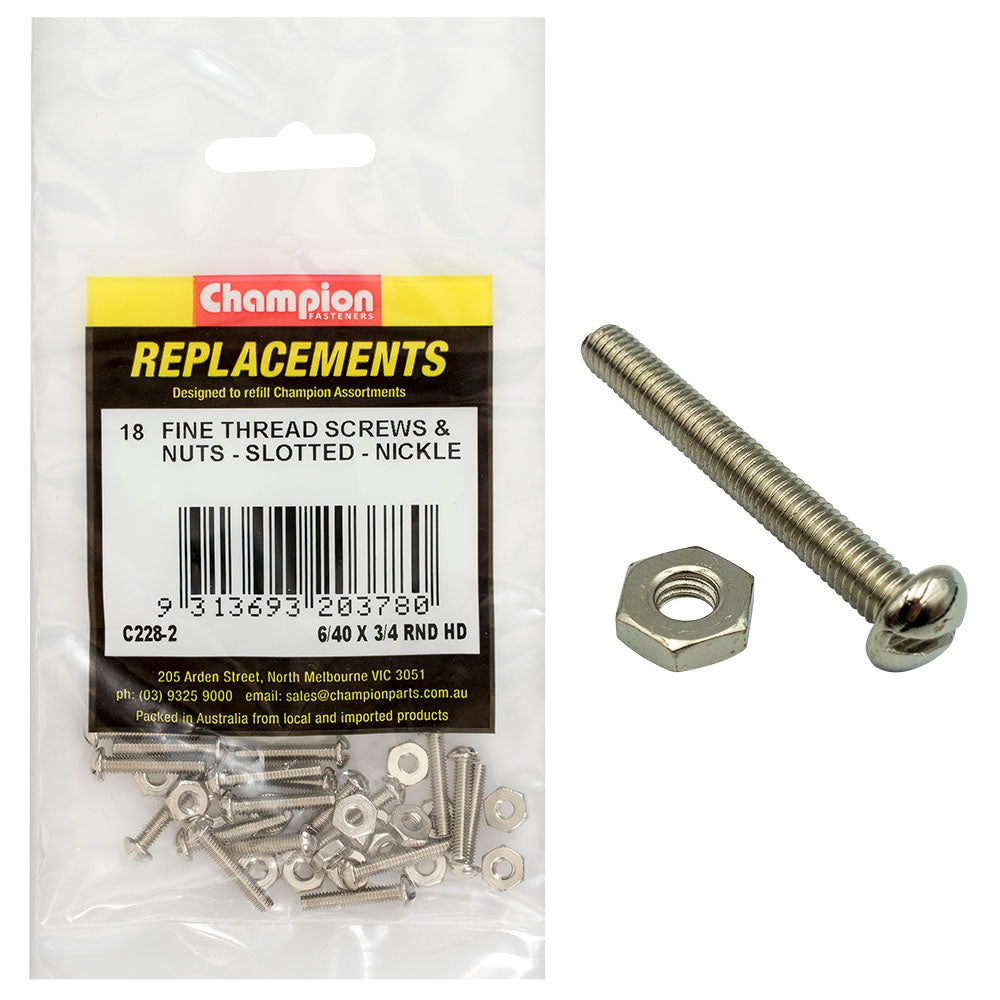 Champion 6/40in x 3/4in UNF Rnd Hd Machine Screw & Nut (Ni)