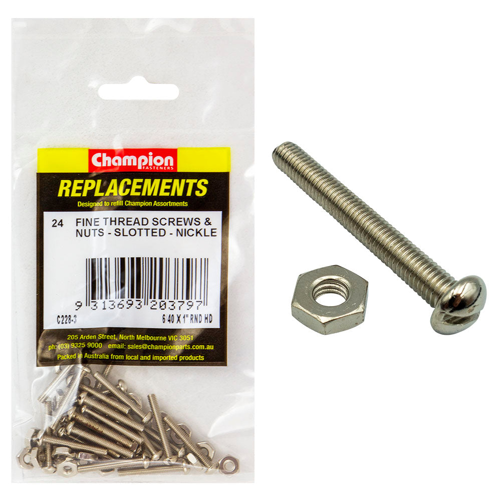 Champion 6/40 x 1in UNF Rnd Hd Machine Screw & Nut (Ni)-24pk