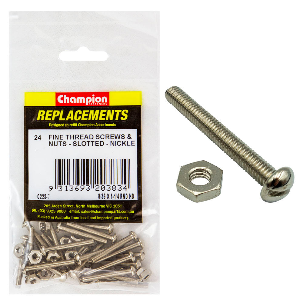 Champion 8/36in x 1-1/4in UNF Rnd Hd Machine Scr & Nut (Ni)