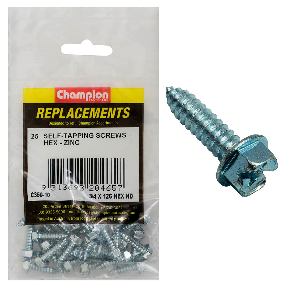 Champion 12G x 3/4in S/Tapping Screw Hex Head Phillips -25pk