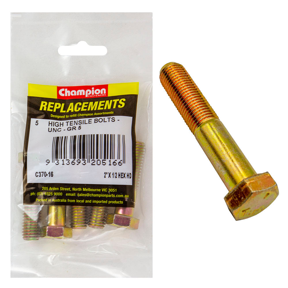 Champion 1/2in x 2in UNC Bolt -Gr5 -5pk