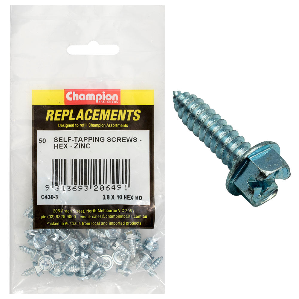 Champion 10G x 3/8in S/Tapping Screw Hex Head Phillips -50pk