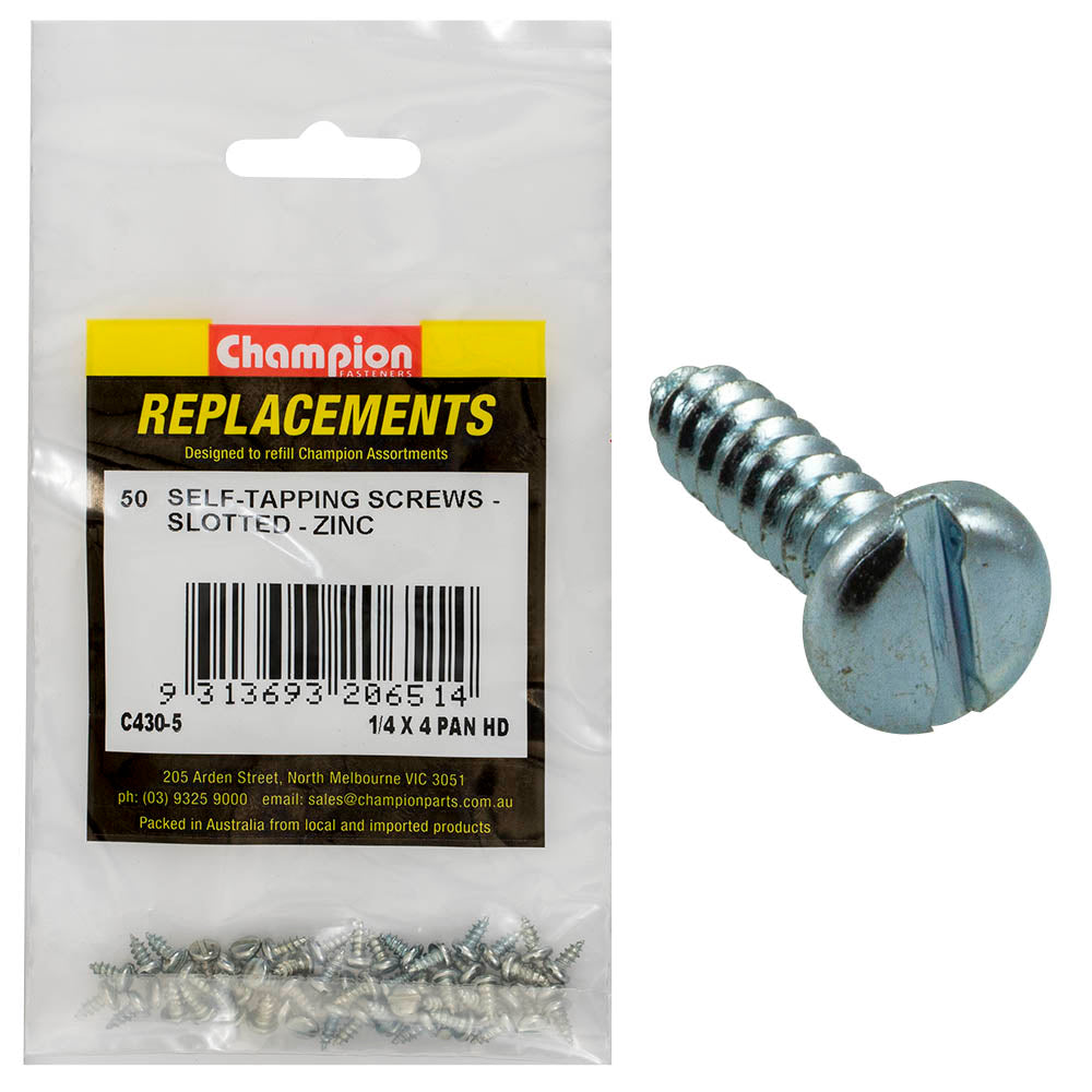 Champion 4G x 1/4in S/Tapping Screw Pan Head Slot -50pk