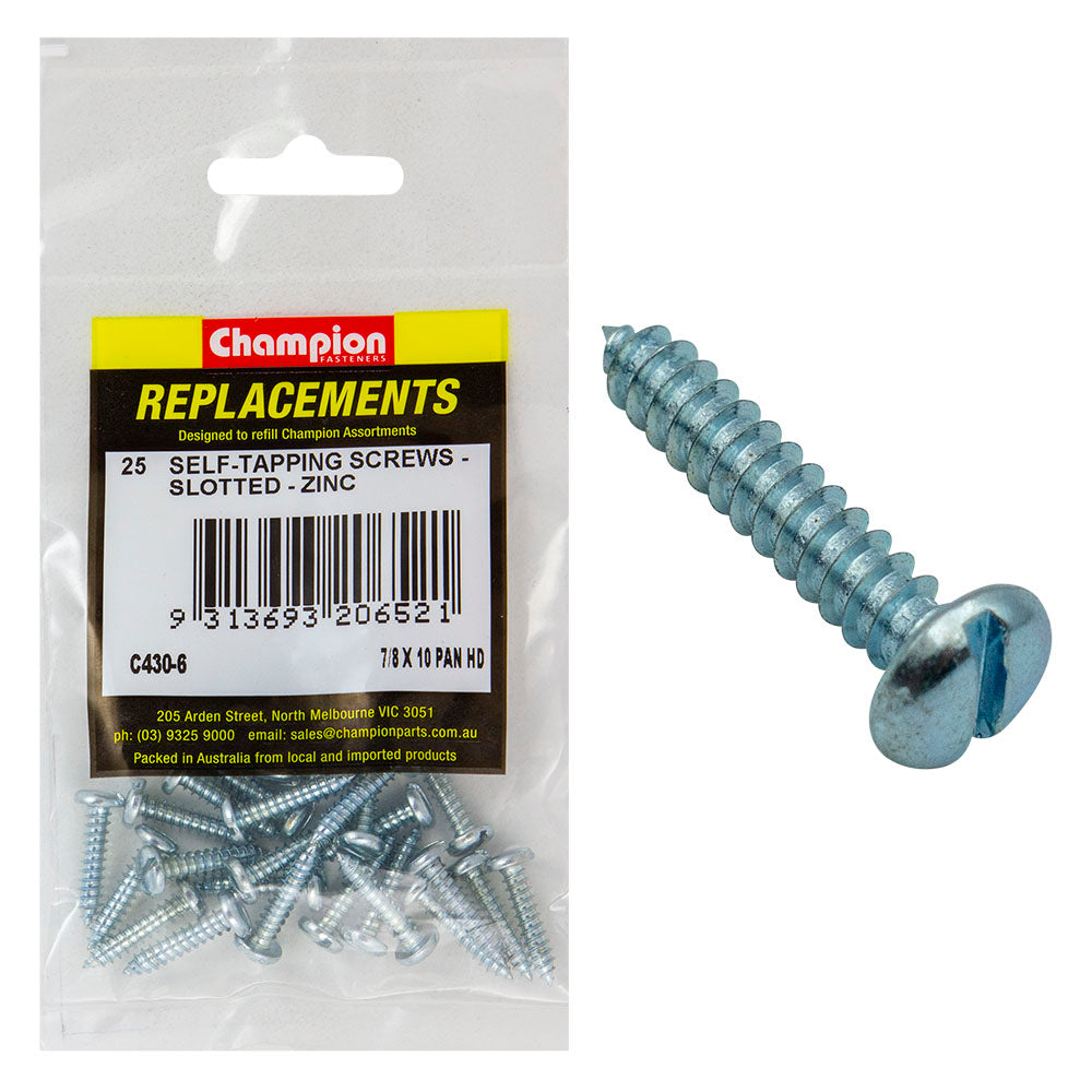 Champion 10G x 7/8in S/Tapping Screw Pan Head Slot -25pk