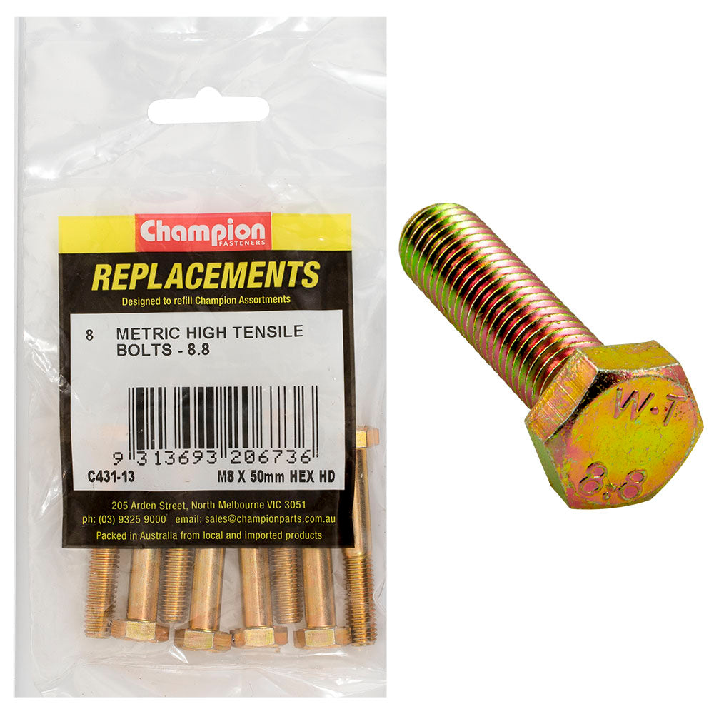 Champion M8 x 50mm x 1.25 Bolt -Gr8.8 -8pk