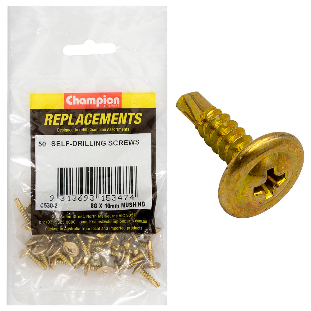 Champion 8G x 16mm Mushroom Head S/Drilling Screw Ph -50pk