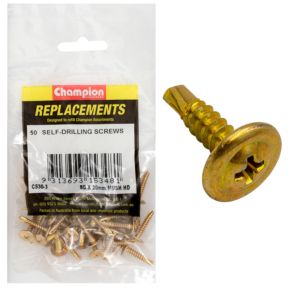 Champion 8G x 20mm Mushroom Head S/Drilling Screw Ph -50pk
