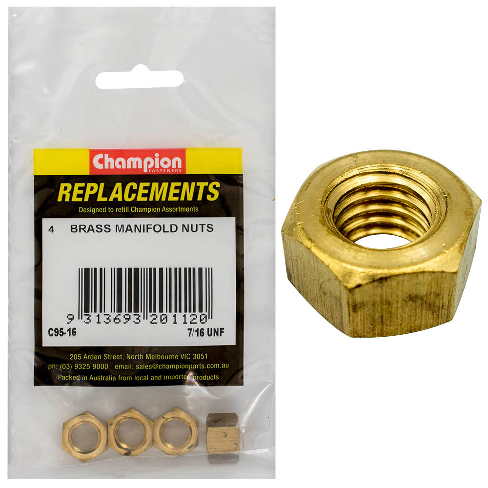 Champion 7/16in UNF Brass Manifold Nut -4pk