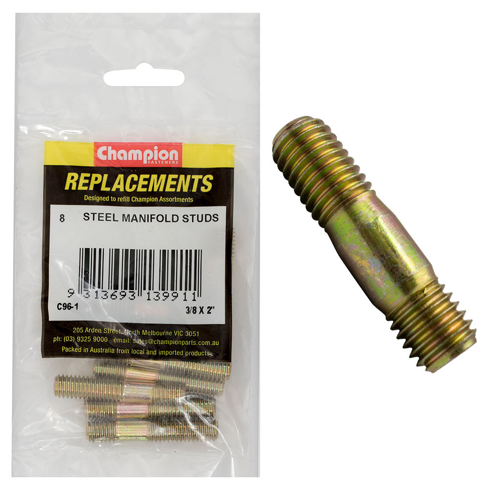 Champion 3/8in UNC x 2in Manifold Stud- Steel- Holden - 10pk
