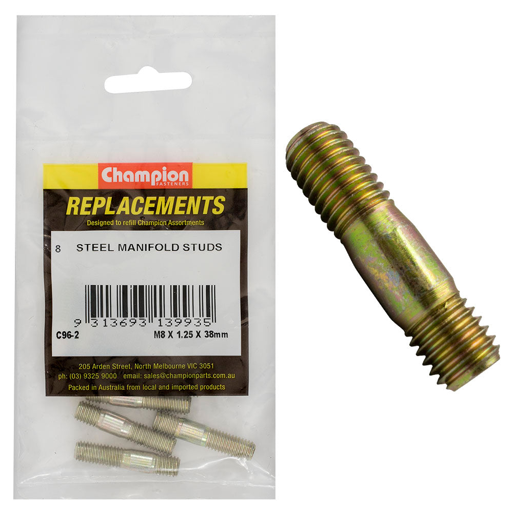 Champion M8 x 38mm x 1.25mm Steel Manifold Stud -8pk