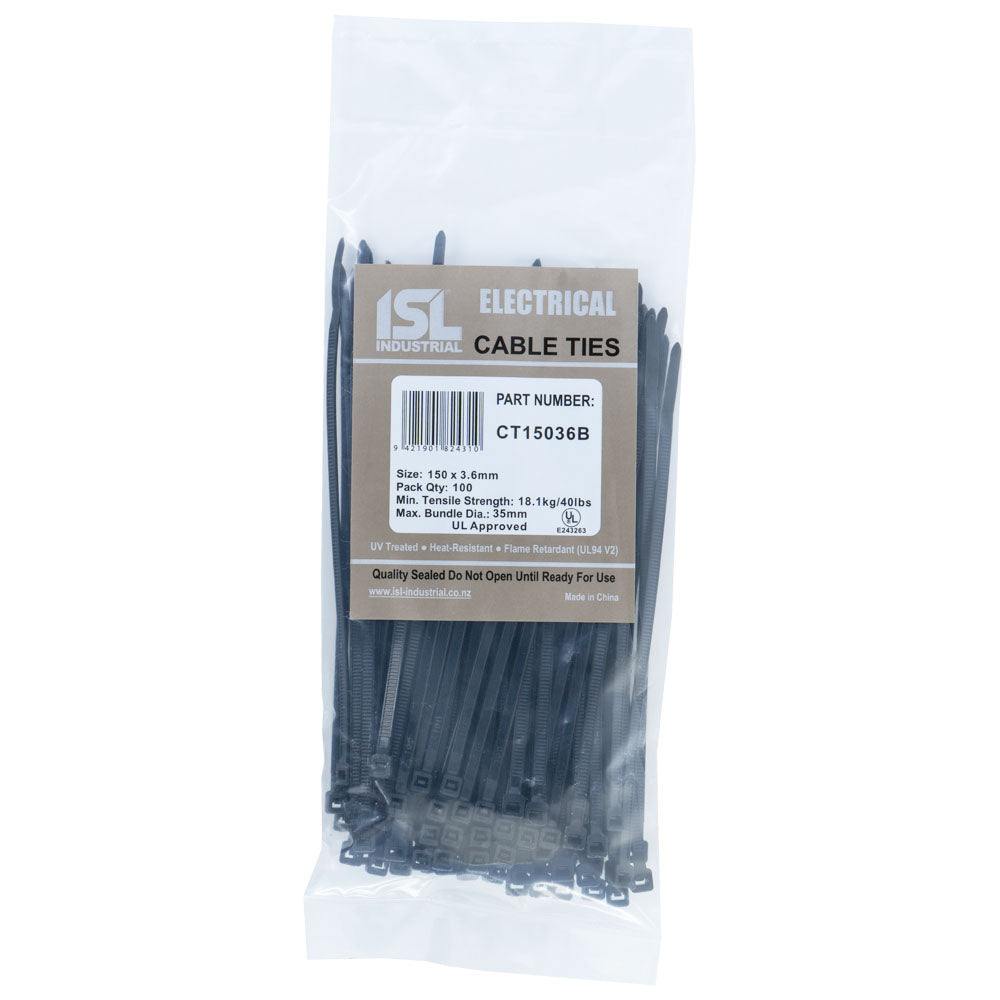 ISL 150 x 3.6mm UV Nylon Cable Tie - Blk. - 100pk