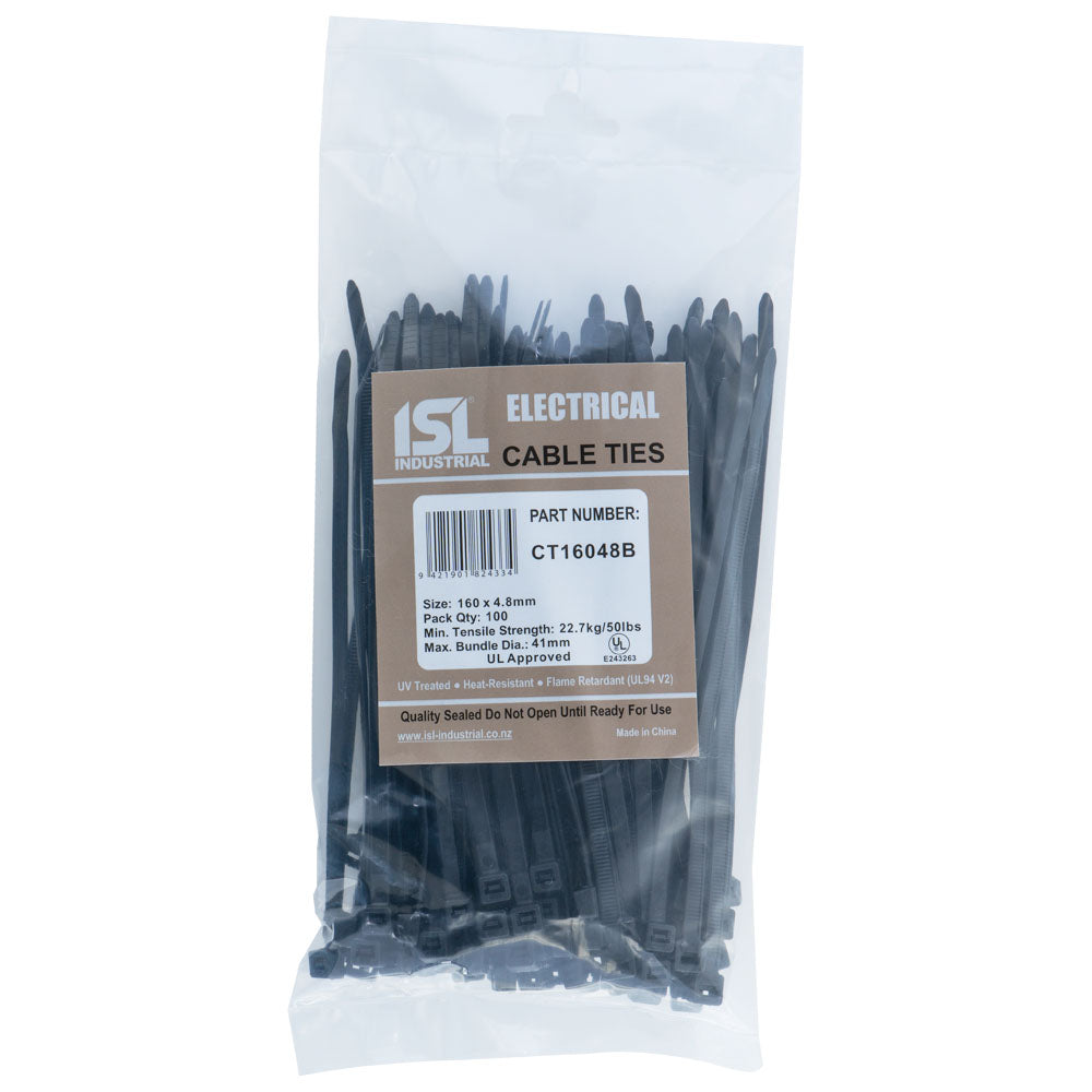 ISL 160 x 4.8mm UV Nylon Cable Tie - Blk. - 100pk