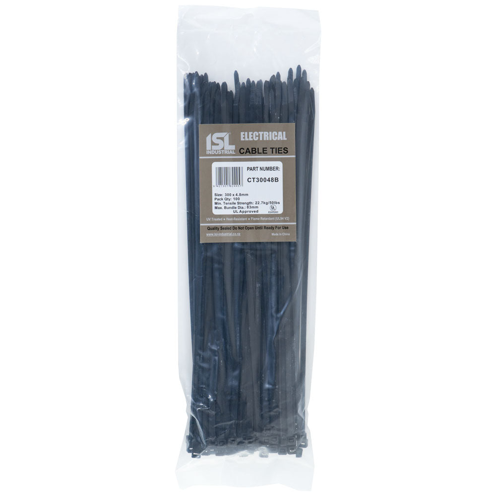 ISL 300 x 4.8mm UV Nylon Cable Tie - Blk. - 100pk