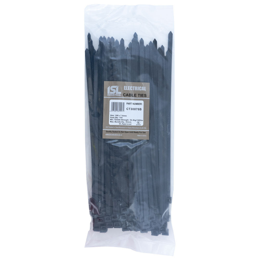 ISL 300 x 7.6mm UV Nylon Cable Tie - Blk. - 100pk
