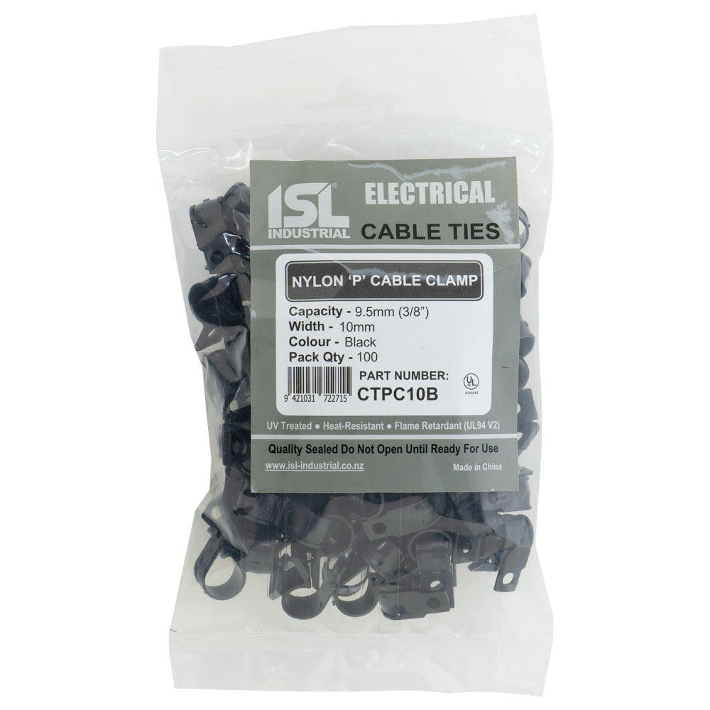 ISL Nylon 'P' Cable Clamp 10mm - Black - 100pk