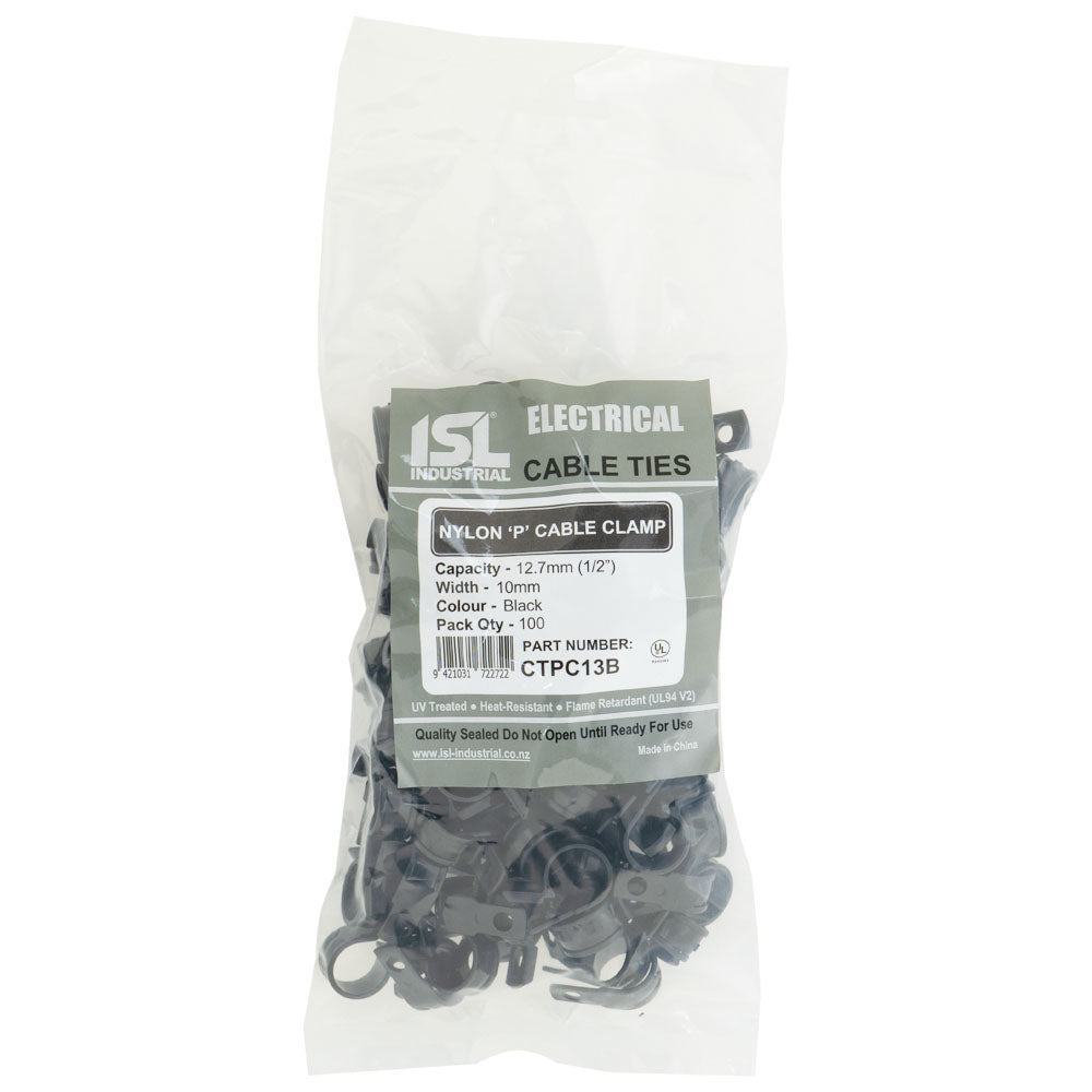 ISL Nylon 'P' Cable Clamp 13mm - Black - 100pk