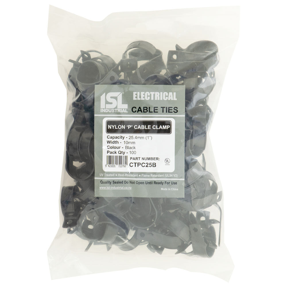 ISL Nylon 'P' Cable Clamp 25mm - Black - 100pk