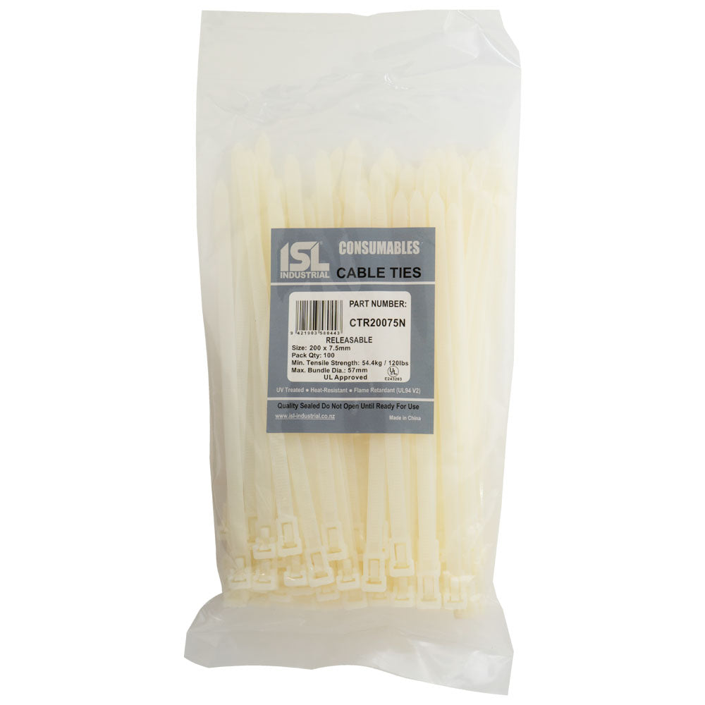 ISL 200 x 7.5mm Nylon Releasable Cable Tie - Nat - 100pk