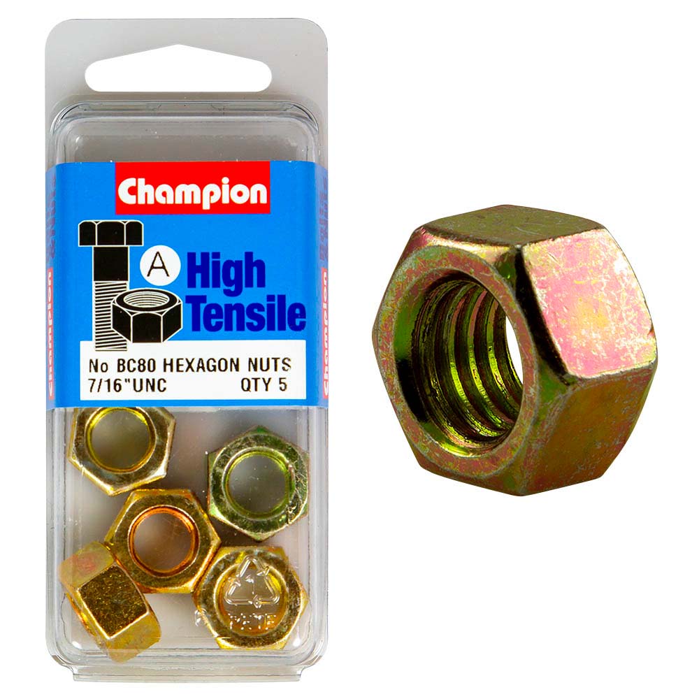 Champion 7/16in UNC Hex Nut (A) - GR5