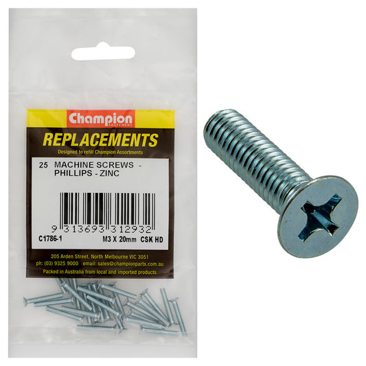 Champion M3 x 20mm Machine Screw -Csk -Ph -25pk