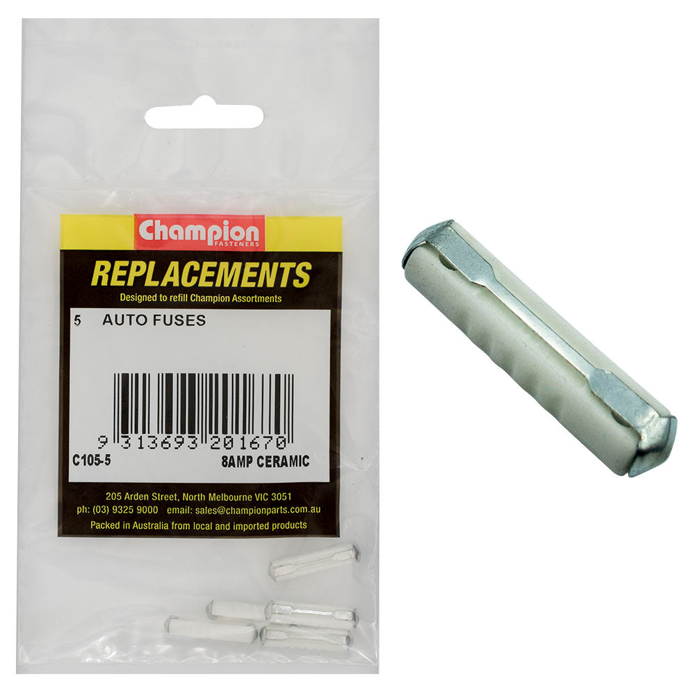 Champion 6Ac 8Amp Ceramic (Euro) Fuse -5pk